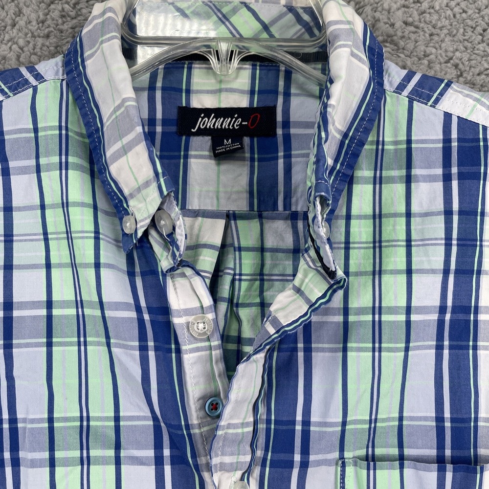 johnnie-O Button Down Shirt Mens M Blue Green Plaid Long Sleeve Surfer Logo